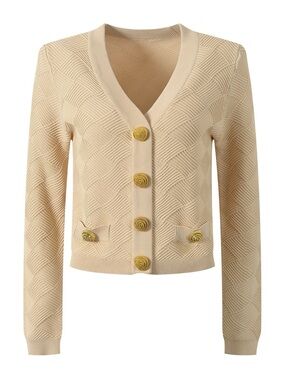 Designer-style Cream V-Neck Button Sweater Jacket -New